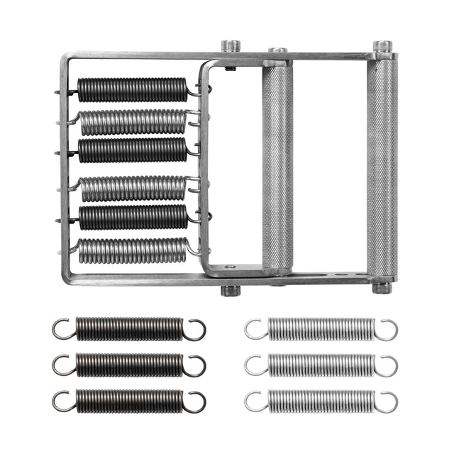 The Bells of Steel Adjustable Forearm Heavy Trainer features metal springs of various sizes and adjustable resistance on a rectangular frame, with three black and three silver individual springs shown below on a white background.