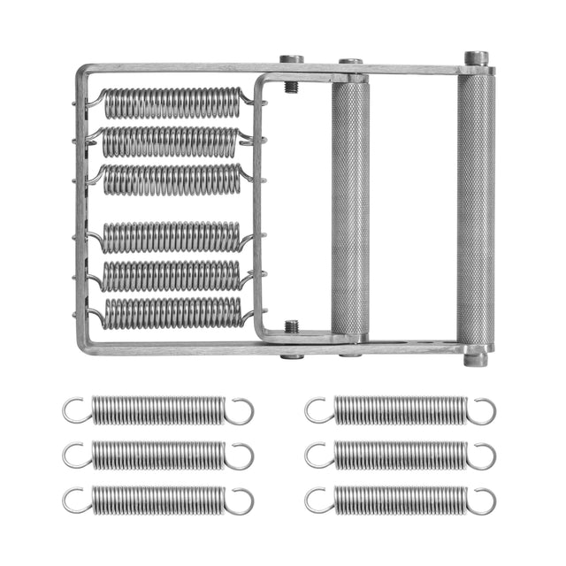 The Bells of Steel Adjustable Forearm Heavy Trainer is shown on a white background, along with six tightly coiled replacement springs arranged in two rows beneath the main device—an ideal progressive grip trainer to help you gradually build hand and forearm strength.