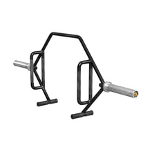 The Bells of Steel Open Trap Bar / Hex Bar is a black strength-training tool with two sets of parallel handles and silver sleeves for weight plates, ideal for deadlifts, shrugs, and similar exercises.