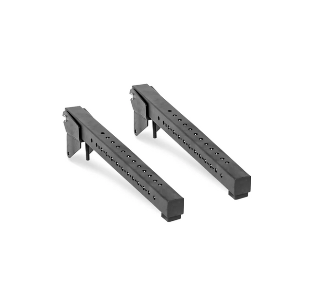 Two black Bells of Steel Lever Arms Rack Attachments are shown side by side on a white background, each featuring holes for height adjustment and mounting brackets for space-efficient setup.