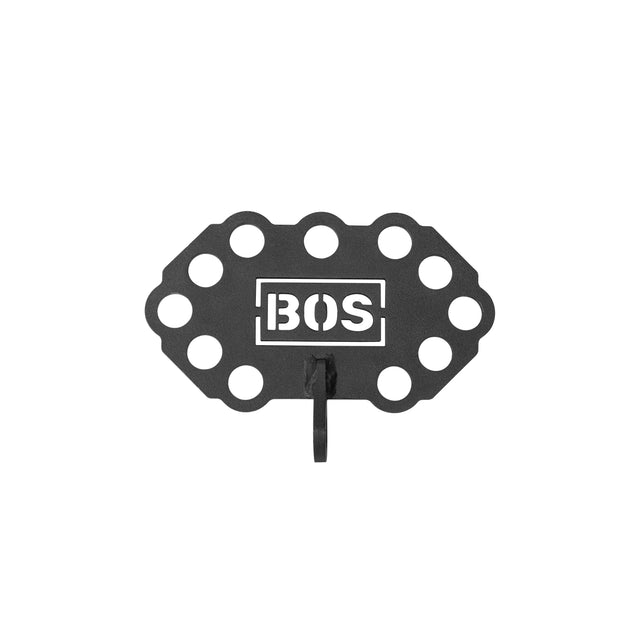 The Bells of Steel Kaizen Multi-Link is a black metal plate with multiple edge holes, “BOS” in white at the center, and a central hook—perfect for home gym cable machines or adapter systems.