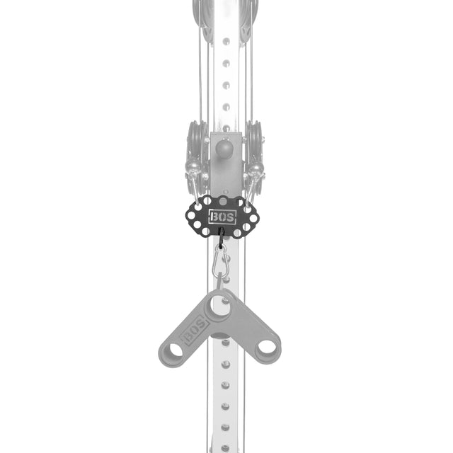 The image shows the Bells of Steel Kaizen Multi-Link, a mechanical assembly with a central branded gear and two metal arms on a vertical perforated rail—ideal for home gym cable machines. Components are highlighted in an otherwise grayscale palette.