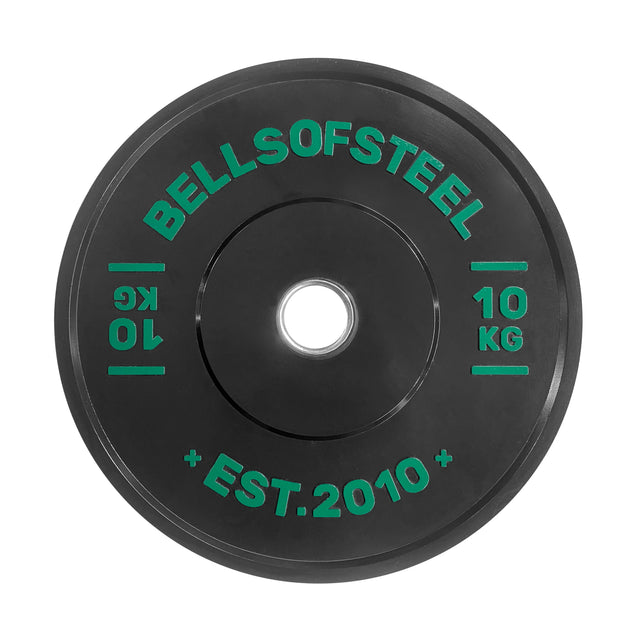 The Bells of Steel Dead Bounce Conflict Bumper Plate is a black 10 kg plate made from durable virgin rubber with green “BELLSOFSTEEL,” “10 KG,” and “EST. 2010” text, featuring a center hole for standard barbells.