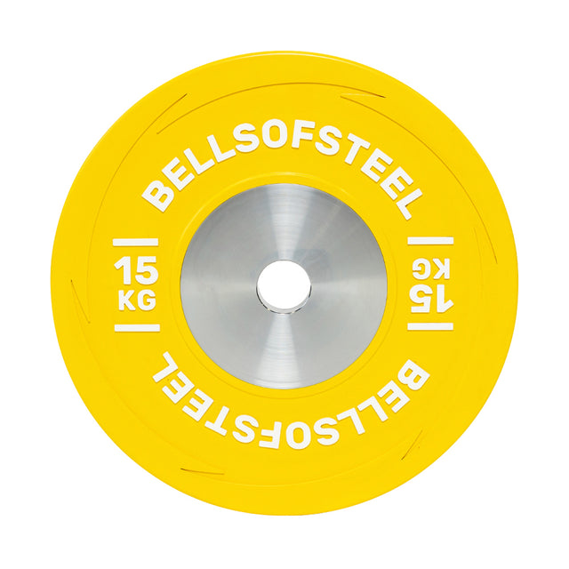 The Bells of Steel KG Competition Bumper Plate is a yellow 15 kg weight with a silver center hole and the brand name in white on the edge, perfect for weightlifting and Olympic lifting.