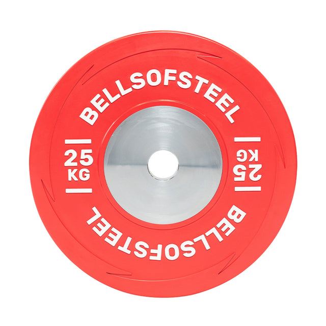 A red 25 kg Bells of Steel KG Competition Bumper Plate, featuring white branding around the center and sides, photographed from above—ideal for Olympic lifts and made to IWF specs.