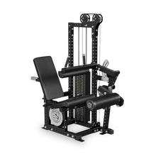 The Bells of Steel Basilisk Stack Loaded Leg Extension / Leg Curl is a black gym machine with padded seat, adjustable backrest, 310 lb weight stack, and pulleys for leg extensions, curls, and upper body exercises.