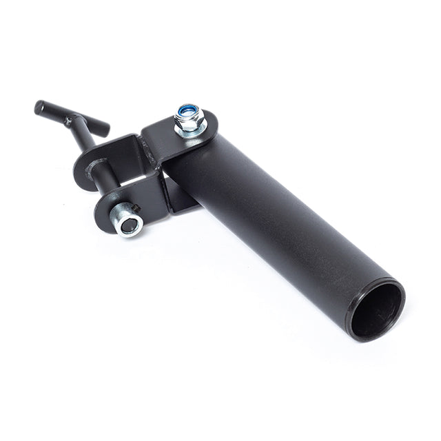 The Bells of Steel Landmine Rack Attachment is a black metal accessory with a cylindrical sleeve and mounting bracket, designed for Olympic barbells and secured to an anchor point for versatile landmine workouts.
