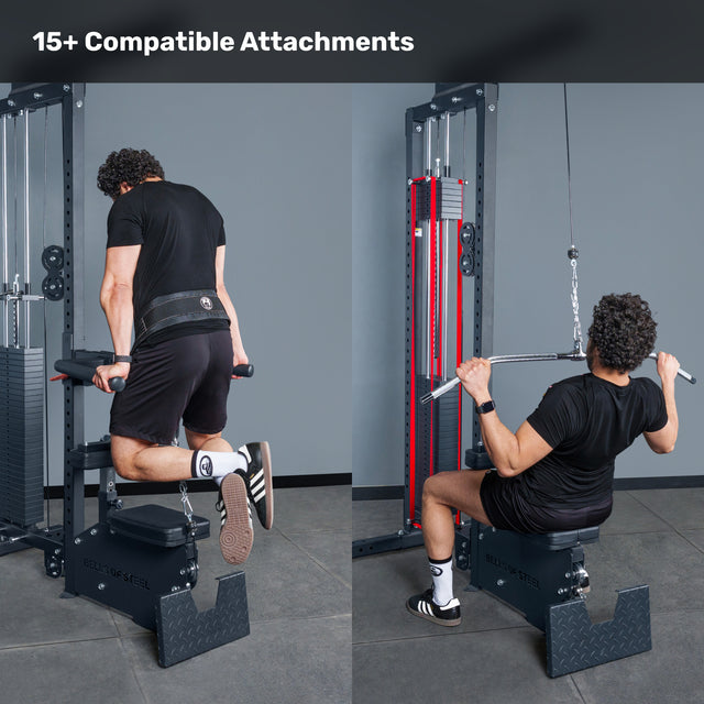 Side-by-side images show a person using the Bells of Steel Lat Pulldown Low Row Machine: performing dips on the left and a lat pulldown on the right. Text above states “15+ Compatible Attachments” in a modern fitness facility setting.