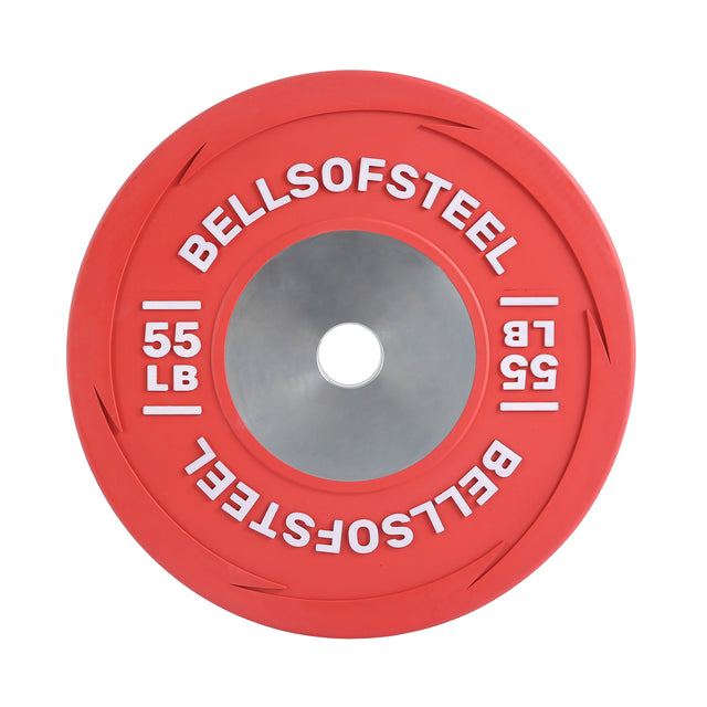 A red Boltless LB Competition Bumper Plate by Bells of Steel, marked "55 LB" in white text, viewed from above on a white background—perfect for Olympic weightlifting or adding to a serious plate collection.