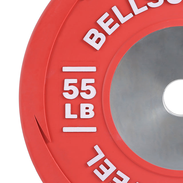 Close-up of a red Boltless LB Competition Bumper Plate with “55 LB” in white and a large silver center hole. The "Bells of Steel" brand is partially visible, ideal for Olympic lifting and serious training needs.