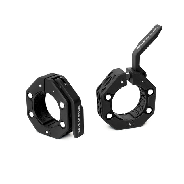 Two black, octagonal Bells of Steel Magnetic Clamp Collarsâone open, one closedâfeature a textured grip and lever-lock mechanism for secure weight plate clamping.