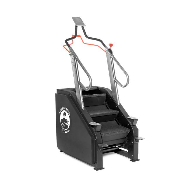 A black Sisyphean Stepper by Bells of Steel, this manual stair climber features handrails, foot pedals, resistance levels, a display screen, the brand logo, and angled steps for challenging cardio workouts.