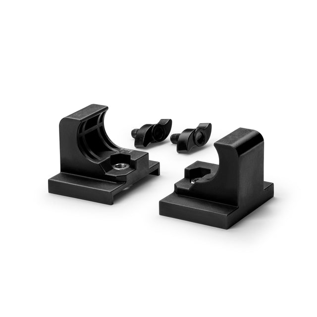 Two black plastic curved mounting brackets and two wingnut screws, part of the Bells of Steel NÜOBELL-S Floor Stand, are displayed on a white background.