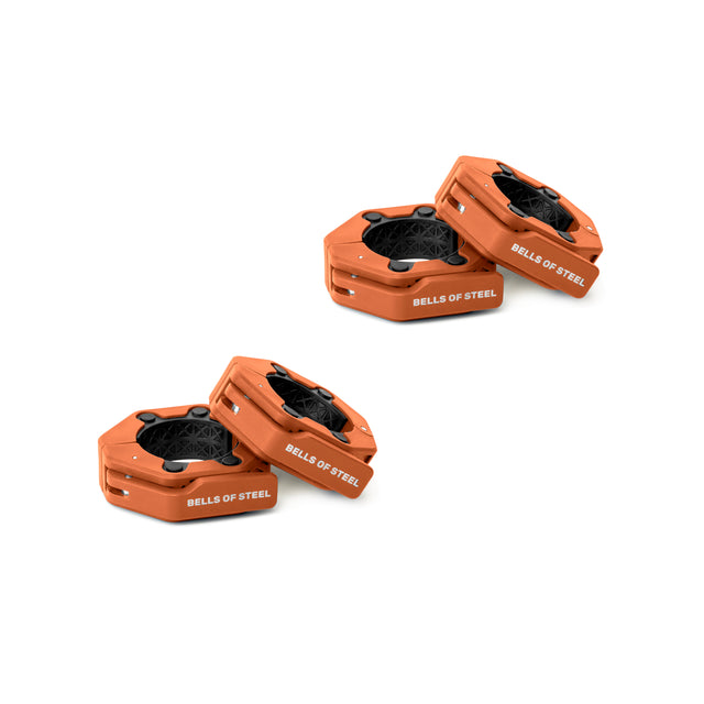 Two pairs of orange, hexagonal Magnetic Clamp Collars by Bells of Steel are displayed open and closed on a white background.