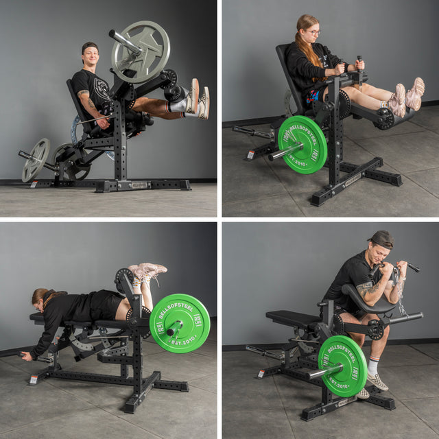 A collage of four images features a man and woman using the Bells of Steel Legacy Leg Extension / Hamstring Curl Machine - Plate Loaded for leg press, leg extension, leg curl, and preacher curl exercises in a modern gym.