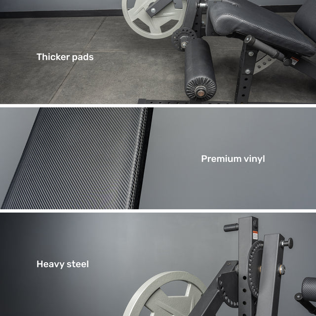 The Bells of Steel Legacy Leg Extension / Hamstring Curl Machine – Plate Loaded features thick pads, premium vinyl upholstery, and heavy steel construction, shown in three labeled close-up sections highlighting each feature.