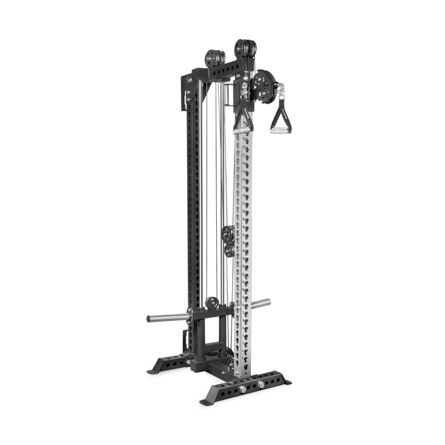The Bells of Steel Oblivyon Tower - 3" x 3” Cable Tower is a black and silver cable machine with adjustable pulleys, weight stack, and single handle attachment, designed for strength training and compatible with most squat racks.