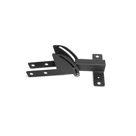 The Bells of Steel 3x3 Cable Tower to Rack Connection Kit features a black metal bracket with multiple flat arms, screw holes, and an angled support for center-mount cable tower applications. Shown on a white background.