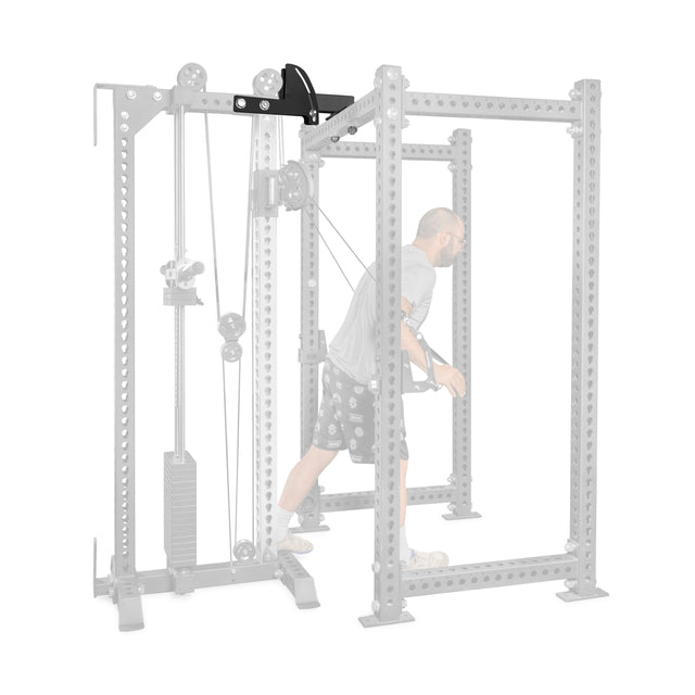 A man uses a Bells of Steel 3x3 Cable Tower to Rack Connection Kit in a power rack for a cable crossover. The rack and weights appear gray and semi-transparent, while the man and attachment are shown in full color.