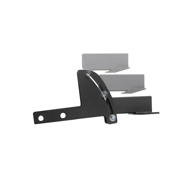 The Bells of Steel 3x3 Cable Tower to Rack Connection Kit features a black metal bracket with three bolts, plus two translucent gray rectangles in the background, all shown on a white surface.