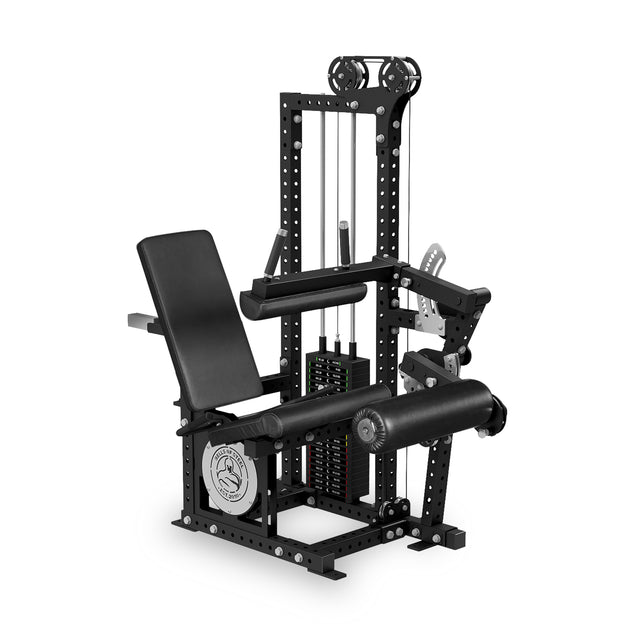 The Bells of Steel Basilisk Stack Loaded Leg Extension / Leg Curl is a black, multi-functional gym machine with a padded seat, adjustable backrest, pulleys, and a 310 lb weight stack for leg and arm workouts.