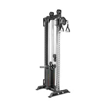 The Bells of Steel Oblivyon Tower – 3" x 3" Cable Tower features black and silver adjustable pulleys, a weight stack, and handles, perfect for strength training or pairing with a squat rack or home gym setup.