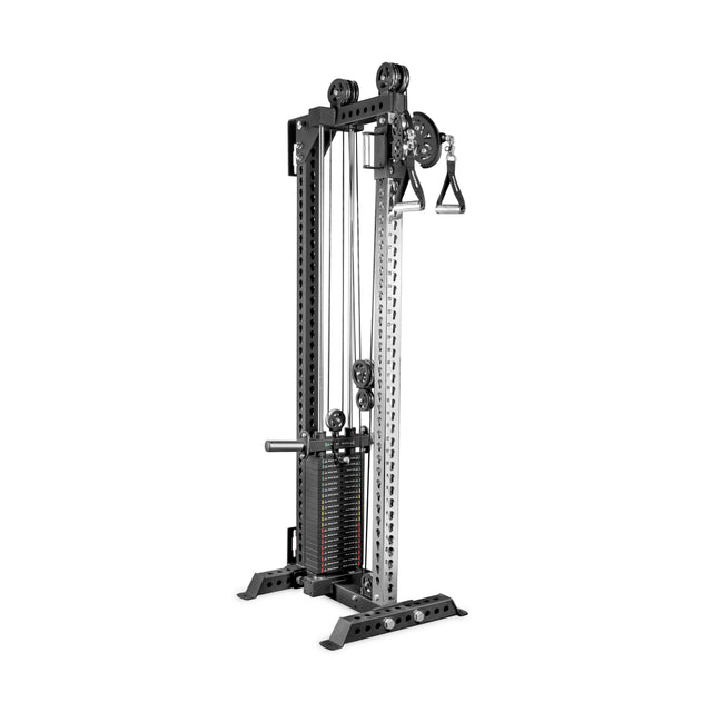 The Bells of Steel Oblivyon Tower – 3" x 3" Cable Tower features black and silver adjustable pulleys, a weight stack, and handles, perfect for strength training or pairing with a squat rack or home gym setup.