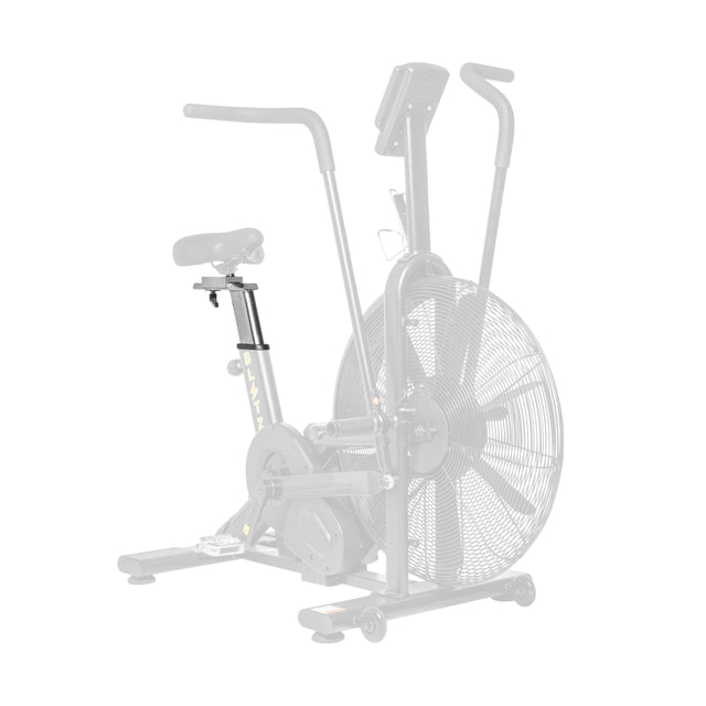 A Bells of Steel Blitz Air Bike is shown with most parts faded, highlighting the Blitz Air Bike Seat Adjustment Assembly and its seat change mechanism in clear detail.