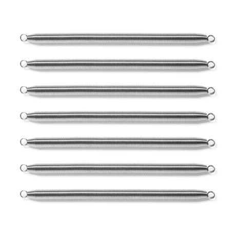 Eight identical Bells of Steel Chest Expander Replacement Springs are arranged in parallel, evenly spaced rows on a white background. Each spring features a small loop at both ends, perfect for replacing springs in your chest expander.