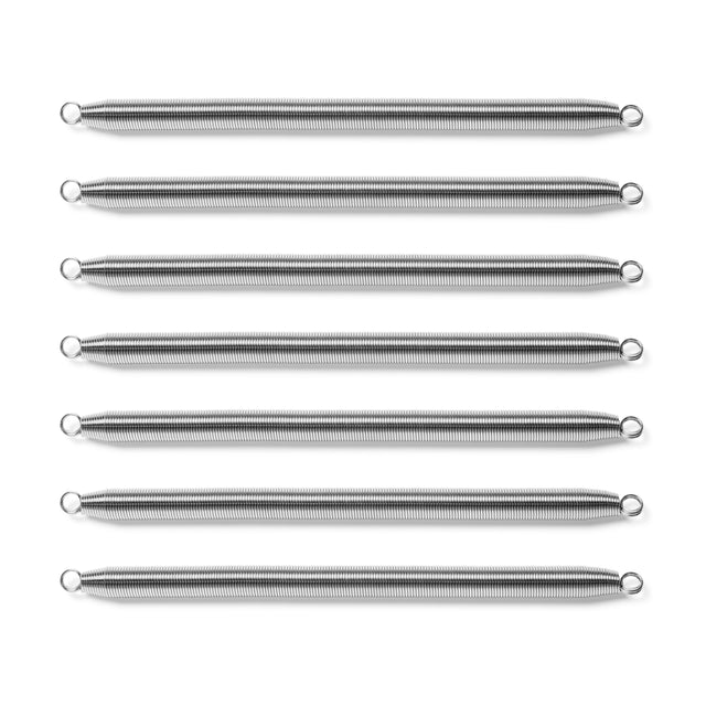 Eight identical Bells of Steel Chest Expander Replacement Springs are arranged in parallel, evenly spaced rows on a white background. Each spring features a small loop at both ends, perfect for replacing springs in your chest expander.