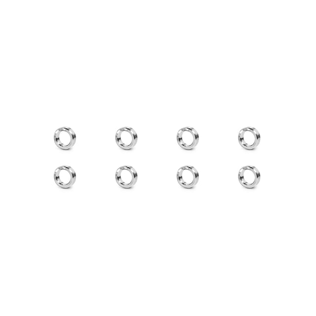 Eight Hydra Hardware washers by Bells of Steel, silver and small, ideal for concrete anchor bolts or rack attachment pins, are arranged in two rows of four on a white background.
