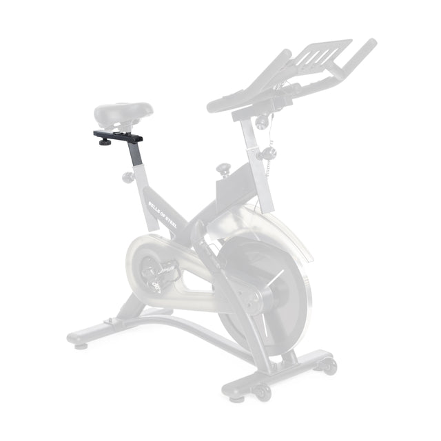 A stationary Blitz Indoor Cycling Bike is shown faded out, with the seat and a Bells of Steel Tall Cycling Bike Seat Post highlighted in full color to emphasize the extender’s position and function.