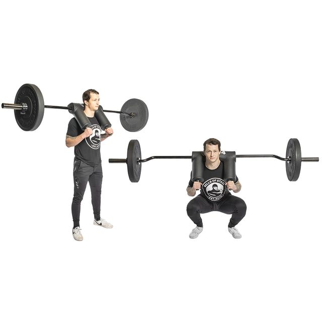 A man demonstrates a barbell squat using the Bells of Steel Specialty Bar Bundle with a padded shoulder attachment, starting from standing to squatting, all against a white background.