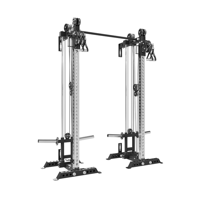 The Bells of Steel Oblivyon Tower - 3" x 3” Cable Tower Squat Stands is a dual adjustable pulley cable machine for strength training, with two tall columns, adjustable cables, weight stacks, and multiple attachments.