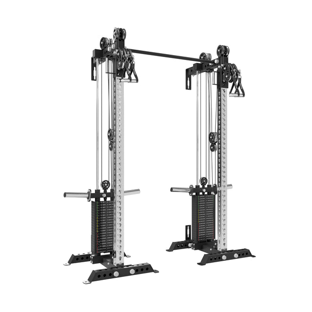 The Bells of Steel Oblivyon Tower - 3" x 3" Cable Tower Squat Stands features dual weight stacks, pulleys, and adjustable handles—ideal for use as an adjustable cable crossover or paired for versatile strength training in any gym.