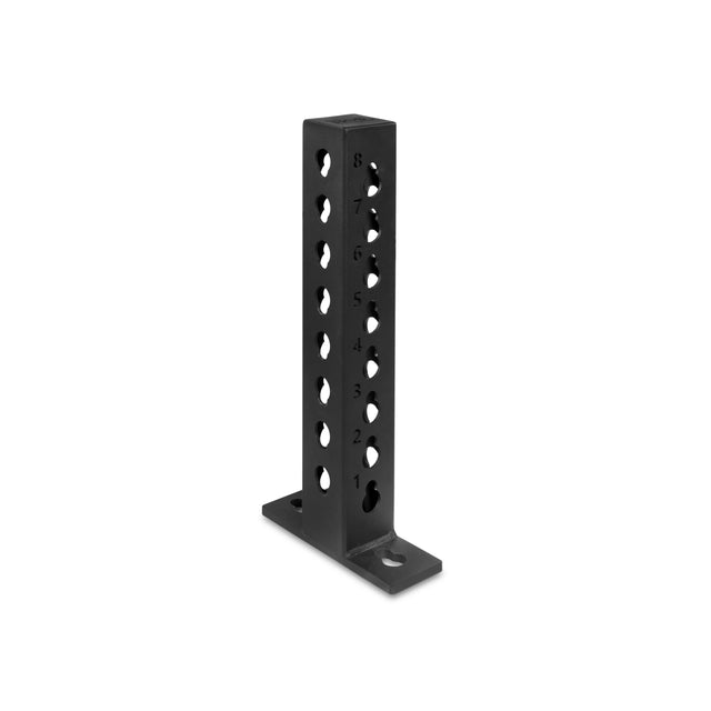 The Bells of Steel Rack Junctions - 3" x 3" is a black metal upright bracket with multiple numbered holes and two mounting bases, ideal for customizable rack connections or adjustable attachments in your home gym.