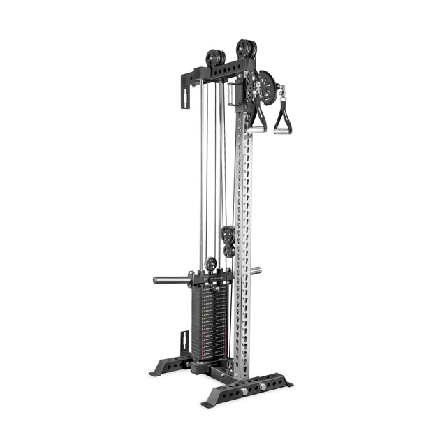 The Bells of Steel Oblivyon Tower – 3" x 3” Cable Tower features adjustable height, a weight stack, metal frame, and handle attachment—ideal for versatile home gym strength training with a single cable pulley machine.