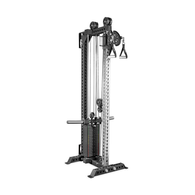 The Bells of Steel Oblivyon Tower - 3" x 3” Cable Tower features adjustable weights, dual pulleys, and handles for versatile strength training, plus a durable metal frame with a sleek silver and black design.