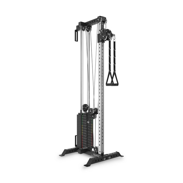The Bells of Steel Cable Tower is a freestanding unit with adjustable pulleys, weight stack, and single handle attachment, ideal for strength training in gyms or home gyms.