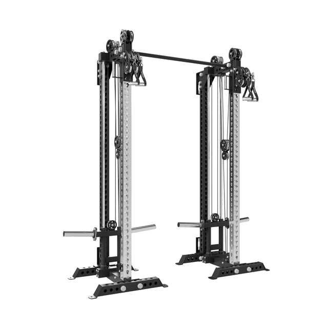The Bells of Steel Oblivyon Tower - 3" x 3" Cable Tower Squat Stands feature adjustable pulleys, weight stacks, and handles for strength training exercises, shown against a white background.