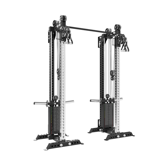 The Bells of Steel Oblivyon Tower - 3" x 3" Cable Tower Squat Stands is a dual adjustable pulley machine with weight stacks, handles, and multiple pulleys—perfect for strength training in any gym or fitness center.
