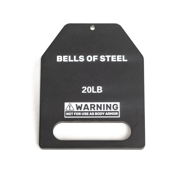 The Bells of Steel Weighted Vest and Plates feature a black steel 20LB plate labeled "NOT FOR USE AS BODY ARMOR," designed as a workout accessory with a rectangular handle cutout for an adjustable fit in most weighted vests.
