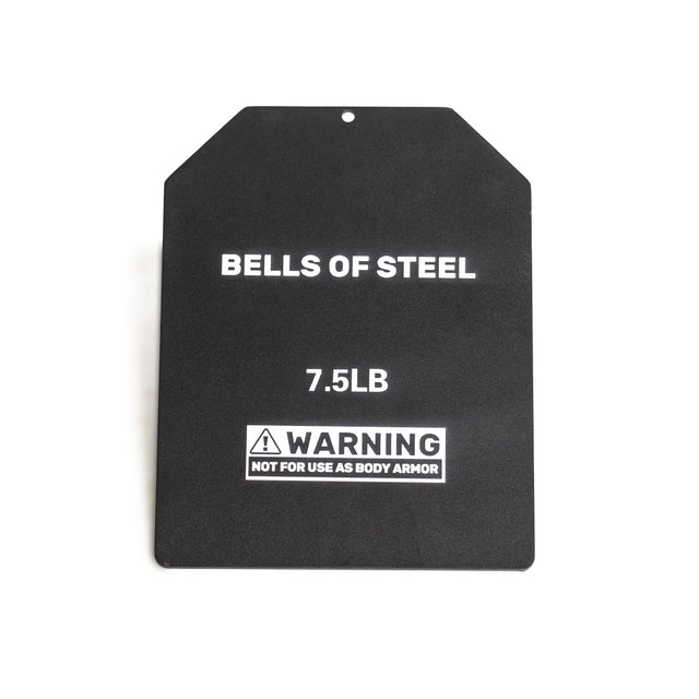 The Bells of Steel Weighted Vest and Plates features a black steel plate labeled "BELLS OF STEEL 7.5LB" with a warning, making it an ideal workout accessory—shown on a white background.