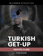 A man performs a Turkish get-up with a kettlebell overhead. The text reads "Turkish Get Up - By Mark Wildman (Digital Product) by Bells of Steel" with large kettlebells in the background.
