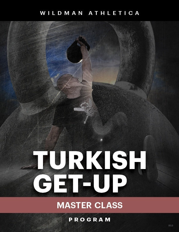 A man performs a Turkish get-up with a kettlebell overhead. The text reads "Turkish Get Up - By Mark Wildman (Digital Product) by Bells of Steel" with large kettlebells in the background.