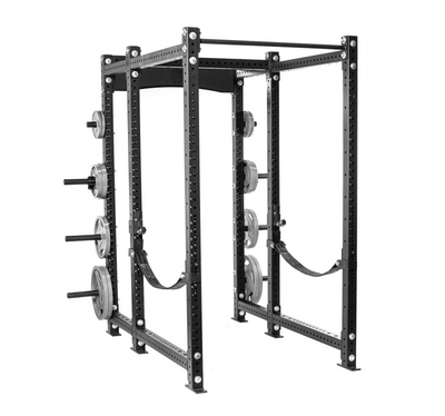A black power rack with adjustable safety bars, weight pegs holding several weight plates, and multiple holes for customization. It's designed for strength training and supports various exercises like squats and bench presses.