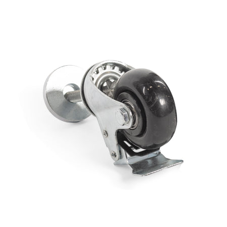 A Bells of Steel Single Bolt Caster, featuring a small black wheel with a metal bracket and threaded stem for furniture or light equipment, is shown against a white background.