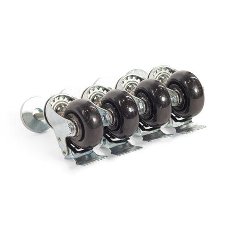 The image shows a row of five black Bells of Steel "Single Bolt Casters" with metal frames on a white background. Each caster features a swivel top and mounting plate, ideal for adding mobility to furniture or equipment.