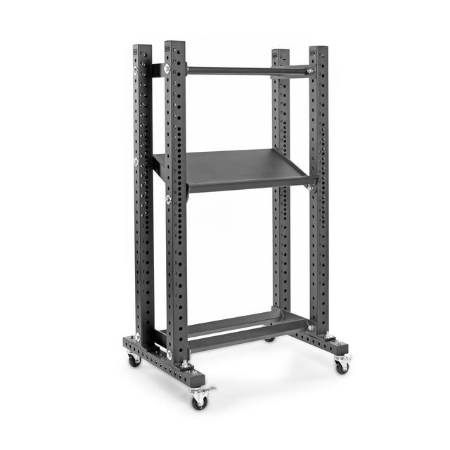 The Bells of Steel Single Bolt Casters is a metal gym equipment storage rack featuring adjustable bars and a central shelf for organizing weights or fitness accessories, mounted on wheels for easy mobility.