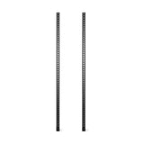 Two black metal vertical bars with evenly spaced holes stand parallel on a white background—perfect as Bells of Steel Manticore Vertical Uprights for use with 3x3 rack attachments.